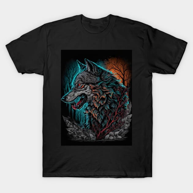 Wolf with blue and orange sky T-Shirt by KoolArtDistrict